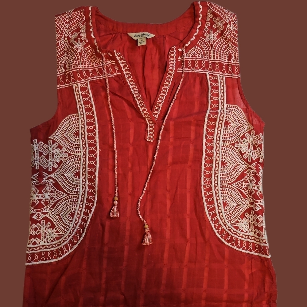Lucky Brand Red Embroidered Cotton Boho Top | Size Small | Festival Peasant - Picture 3 of 5